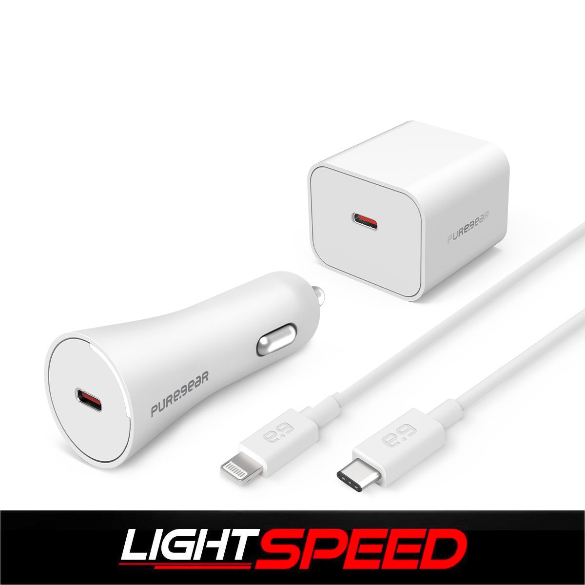 Pure Gear Lightspeed 20w Usb-C Pd Wall Charger + Usb-C Pd Car Charger + Usb-C To Lightning Cable White