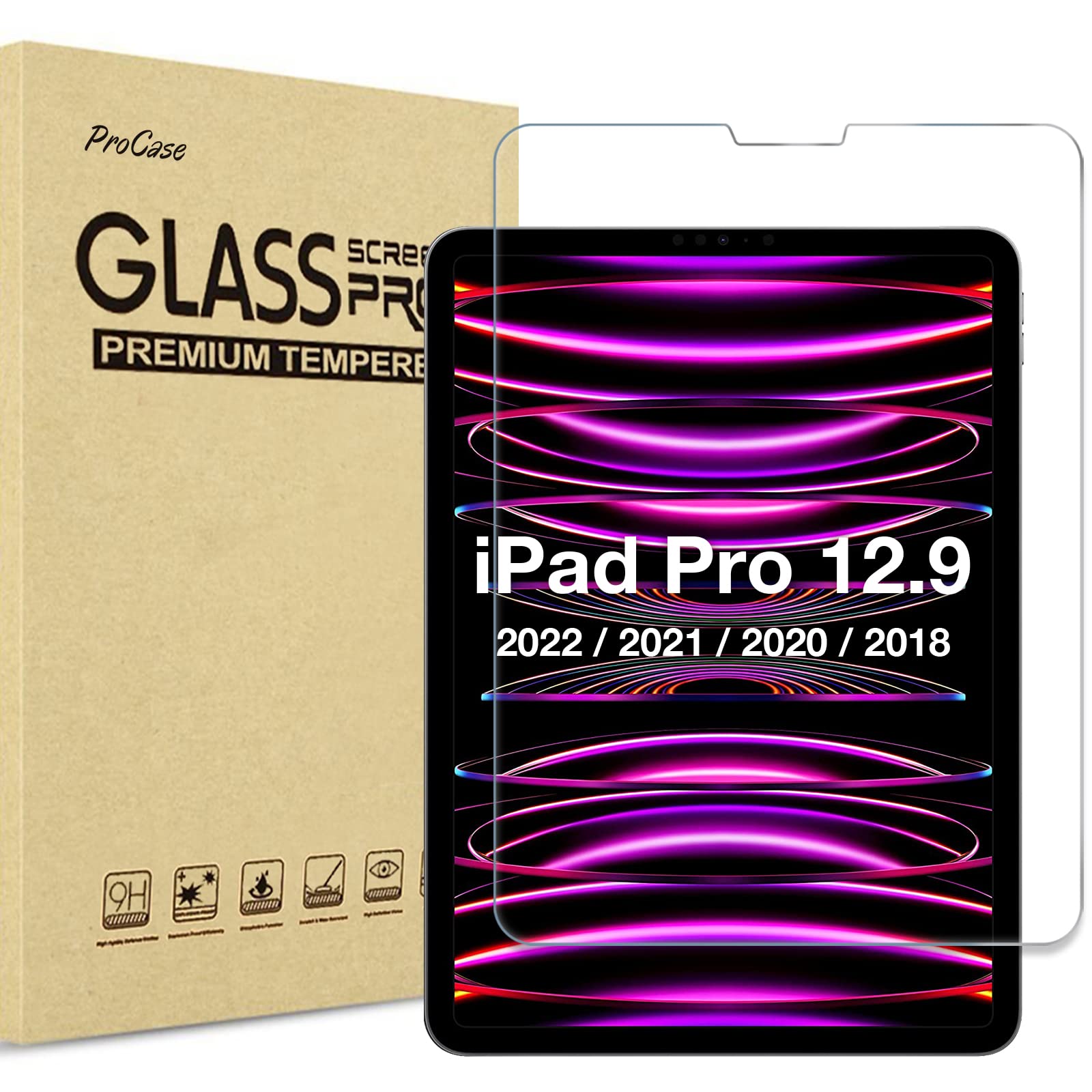 Procase For Ipad Pro 12.9 6th 5th 4th 3rd Gen 2022 2021 2020 2018 Screen Protector, Tempered Glass Film Guard For Ipad Pro 12.9 6 5 4 3